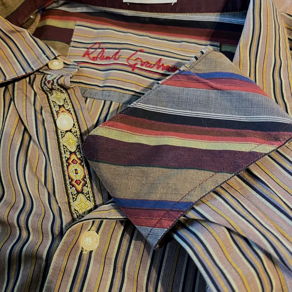 Robert Graham Nuteral Stripe Contrast Flip‎ Sleeve Button Up Size XL
